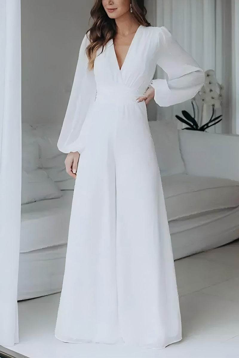 V-Neck Floor Length Chiffon Wedding Jumpsuit CW3573 - COCOMELODY